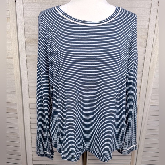 STARS ABOVE Soft Striped Long Sleeve Pajama Top Navy/White-Large - Picture 1 of 2